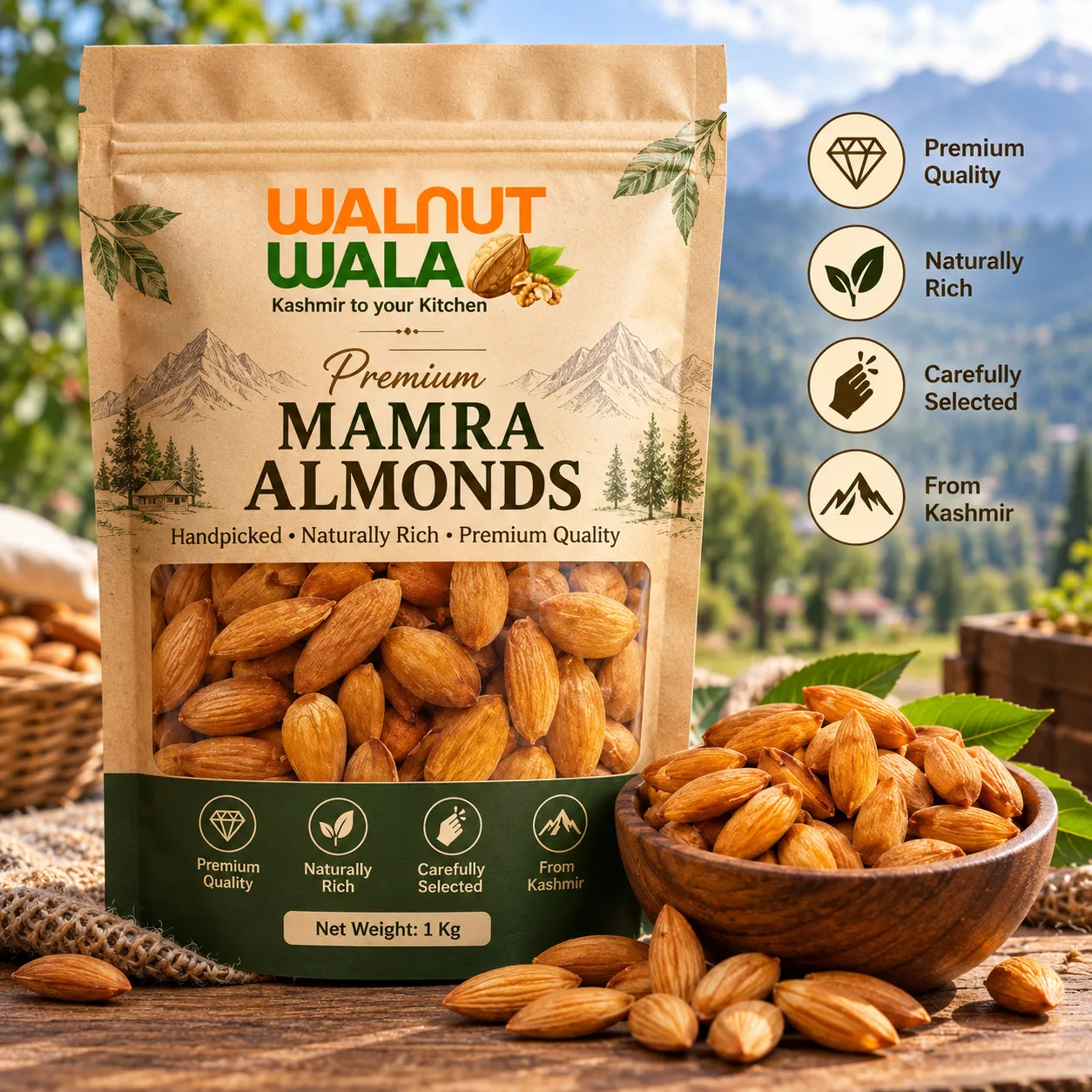 Premium Mamra Almonds - Naturally Rich & Handpicked - Main Image | Walnut Wala